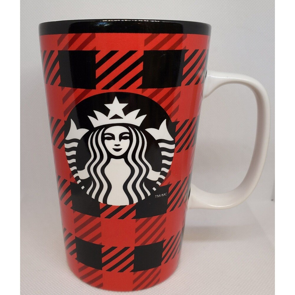 Starbucks Coffee Mug Cup Black & Red Plaid with Siren 2014, 16 oz with Handle